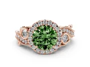 Fancy Green Round Cut Diamond Halo Ring Set in Rose gold with Milgrain Pavé Band and Prong Setting
