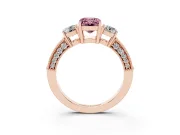 Fancy Pink Emerald Cut Diamond Three-Stone Ring Set in Rose gold with Round Side Stones and Pavé Band