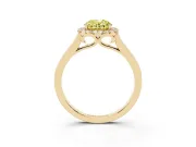 Fancy Yellow Oval Cut Halo Round Diamond Solitaire Ring Set in Yellow gold with Pavé Band and Prong Setting