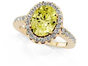 Fancy Yellow Oval Cut Diamond Halo Pavé Solitaire Ring Set in Yellow gold with Prong-Set Center Stone
