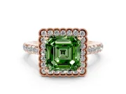 Fancy Green Asscher Cut Diamond Milgrain Floral Halo Engagement Ring Set in Rose gold with Pavé Band