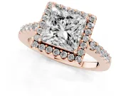 Princess Cut Diamond Halo Pavé Solitaire Ring Set in Rose gold with Prong-Set Center Stone