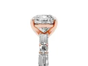 Cushion Cut Diamond Solitaire Set in Rose gold with Side Baguettes and Channel Set Band