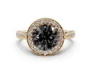 Round Milgrain Halo Engagement Ring Setting for a Black Center | Side Stones | Yellow Gold