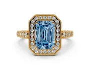 Emerald Cut Graduated Milgrain Halo Engagement Ring Setting for a Fancy Blue Lab-Grown Diamond | Yellow Gold