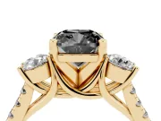 Fancy Black Three-Stone Cushion Cut Diamond Pavé Band Ring Set in Yellow gold with Prong-Set Trio