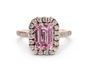 Fancy Pink Emerald Cut Diamond Cushion Halo Ring Set in Rose gold with Pavé Band