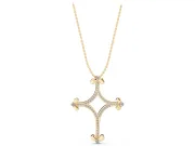 Round Lab-Grown Diamond Pavé Open Cross Pendant Necklace | Fleur-de-Lis Tips | Yellow Gold