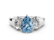 Fancy Blue Three-Stone Pear Cut Diamond Ring Set in Silver with Matching Prong Settings and Plain Band