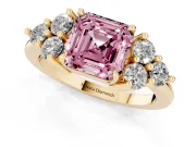 Fancy Pink Asscher Cut Diamond Solitaire Ring Set in Yellow gold with Cluster Accents on Each Side