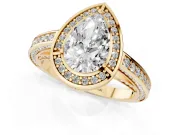 Pear Cut Diamond Halo Pavé Split Shank Ring Set in Yellow gold with Prong Setting