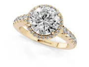 Round Cut Diamond Halo Engagement Ring Set in Yellow gold with Pavé Band and Prong Setting
