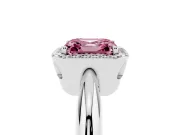 Fancy Pink Asscher Cut Diamond Halo Engagement Ring Set in White gold with Plain Split Shank and Prong Setting