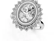 Oval Cut Diamond Halo Ring Set in Platinum with Milgrain Edge and Round Prong Setting