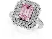 Fancy Pink Emerald Cut Diamond Double Halo Statement Ring Set in White gold with Pavé Band