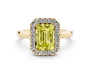 Fancy Yellow Emerald Cut Diamond Halo Solitaire Ring Set in Yellow gold with Pavé Band and Prong Setting