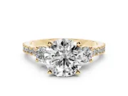 Three-Stone Round Cut Diamond Pavé Band Ring Set in Yellow gold with Prong Setting