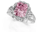Fancy Pink Radiant Cut Diamond Halo Split Shank Engagement Ring Set in Platinum with Prong-Held Center Stone