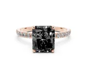 Fancy Black Radiant Cut Diamond Solitaire Ring Set in Rose gold with Round Pavé Band and Prong Setting