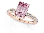 Fancy Pink Emerald Cut Diamond Solitaire Set in Rose gold with Round Pavé Band and Prong Setting