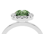 Fancy Green Oval Cut Diamond Halo Solitaire Ring Set in White gold with Pavé Band and Prong Setting