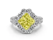 Fancy Yellow Princess Cut Diamond Halo Engagement Ring Set in White gold with Split Shank and Prong Setting