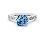 Fancy Blue Cushion Cut Diamond Solitaire Set in Silver with Side Baguettes and Channel Set Band