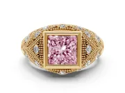 Fancy Pink Princess Cut Diamond Bezel Ring Set in Yellow gold with Milgrain Accent Band