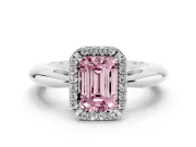 Fancy Pink Emerald Cut Diamond Halo Engagement Ring Set in Silver with Plain Split Shank and Prong Setting