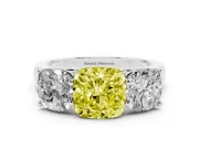 Cushion Cut Three Stone Engagement Ring Setting for a Fancy Yellow Lab-Grown Diamond | Basket Prong Heads | White Gold