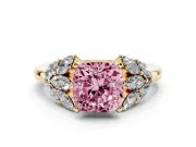 Cushion Cut Leaf Cluster Engagement Ring Setting for a Fancy Pink Lab-Grown Diamond | Yellow Gold
