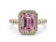 Fancy Pink Emerald Cut Diamond Halo Ring Set in Yellow gold with Delicate Pavé Band and Prong Setting