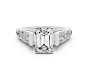 Emerald Cut Diamond Classic Solitaire Ring Set in Platinum with Pavé Band and Prong Setting