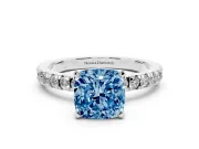 Fancy Blue Cushion Cut Diamond Pavé Band Solitaire Set in Silver with Prong Setting