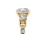 Three-Stone Cushion Cut Diamond Pavé Band Ring Set in Yellow gold with Prong Setting