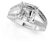 Asscher Cut Split Shank Pavé Engagement Ring Setting | Engraved Leaf Sides | Platinum