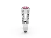 Fancy Pink Cushion Cut Diamond Halo Ring Set in White gold with Pavé Split Shank and Prong Setting