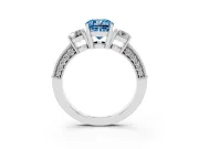 Fancy Blue Cushion Cut Diamond Three-Stone Ring Set in White gold with Round Side Stones and Pavé Band