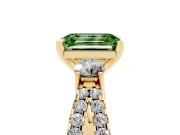 Fancy Green Emerald Cut Diamond Three-Stone Ring Set in Yellow gold with Pavé Split Shank and Prong Setting
