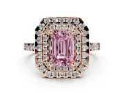 Fancy Pink Emerald Cut Diamond Double Halo Statement Ring Set in Rose gold with Pavé Band