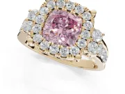 Cushion Cut Halo Engagement Ring Setting for a Fancy Pink Lab-Grown Diamond | Graduated Channel Band | Yellow Gold