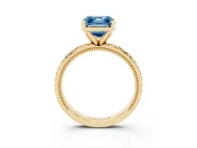 Fancy Blue Asscher Cut Diamond Solitaire Ring Set in Yellow gold with Milgrain and Black Enamel X Pattern Band