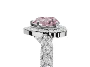 Fancy Pink Heart-Shaped Lab-Grown Diamond Milgrain Halo Solitaire Ring Set in White Gold with Bezel Set Side Stones and Pavé Band