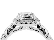 Cushion Cut Filigree Leaf Halo Engagement Ring Setting | Bezel Leaf Accents | White Gold
