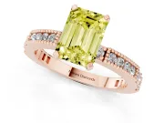 Fancy Yellow Emerald Cut Diamond Solitaire Ring Set in Rose gold with Slim Pavé Band and Prong Setting