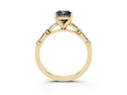 Fancy Black Cushion Cut Diamond Solitaire Set in Yellow gold with Side Baguettes and Channel Set Band