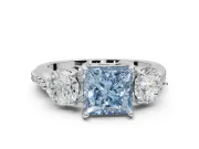 Princess Cut Three Stone Engagement Ring Setting for a Fancy Blue Lab-Grown Diamond | Tapered Pave Band | Platinum