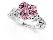 Fancy Pink Heart Cut Diamond Solitaire Leaf-Inspired Ring Set in Platinum with Pavé Band and Prong Setting