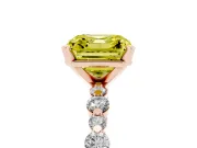 Fancy Yellow Asscher Cut Diamond Prong Set Engagement Ring Set in Rose gold with Round Accent Pavé Band