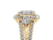 Emerald Cut Diamond Halo Split Shank Engagement Ring Set in Yellow gold with Prong-Held Center Stone